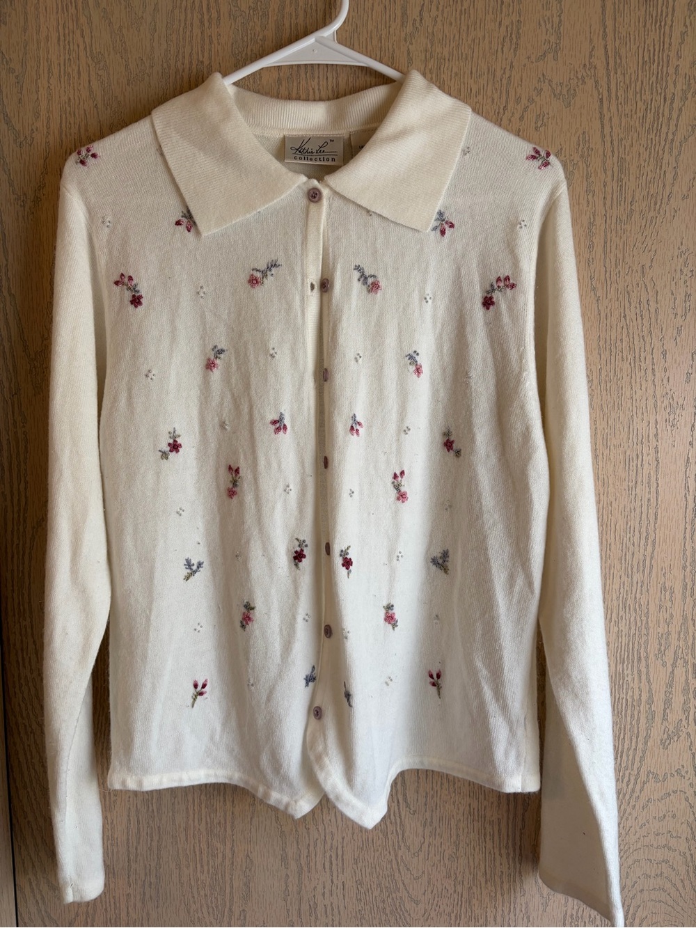Kathie Lee Collection Cream Button-Front Cardigan with Pink Floral Embroidery - Picture 1 of 6